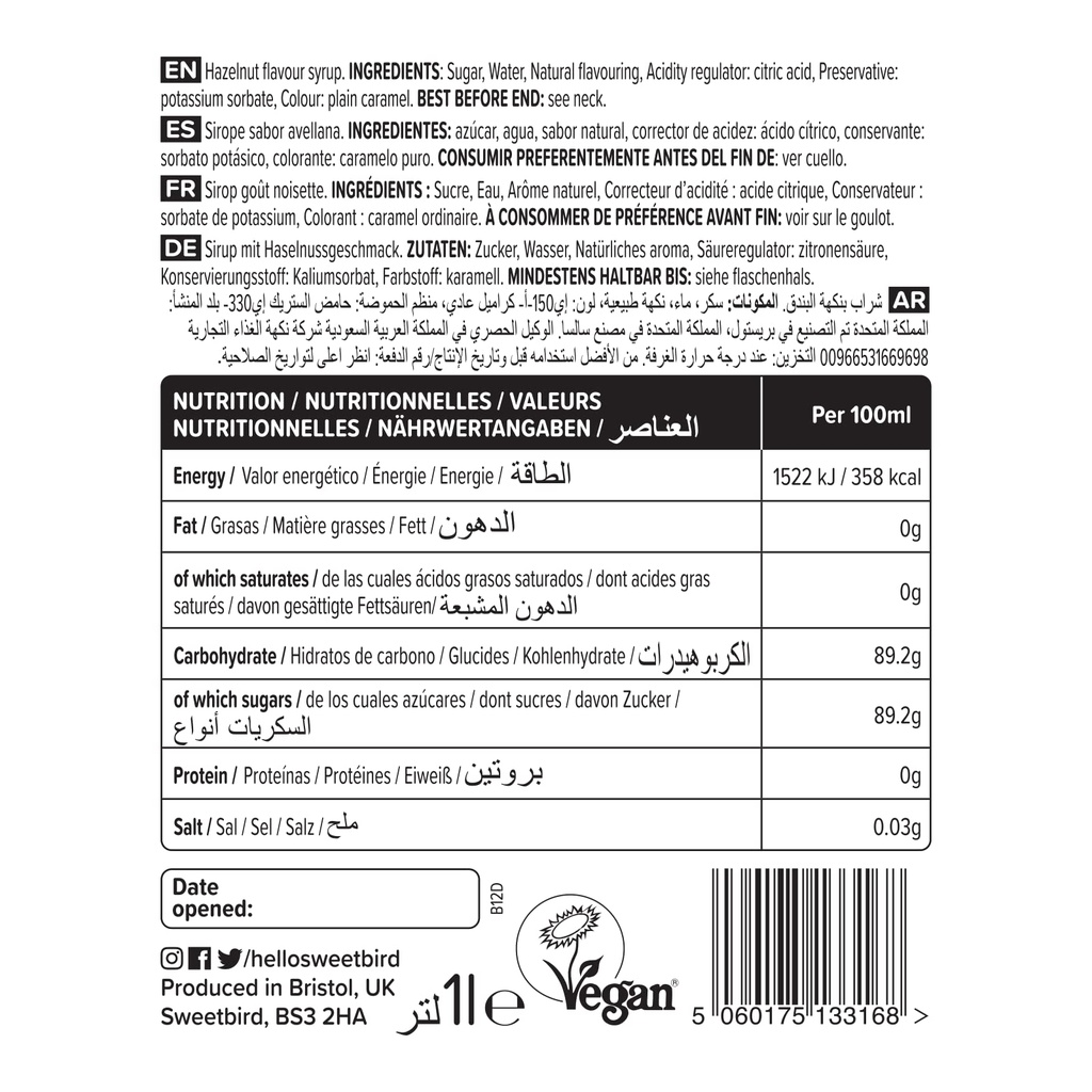 Sweetbird Hazelnut Classic Syrup
